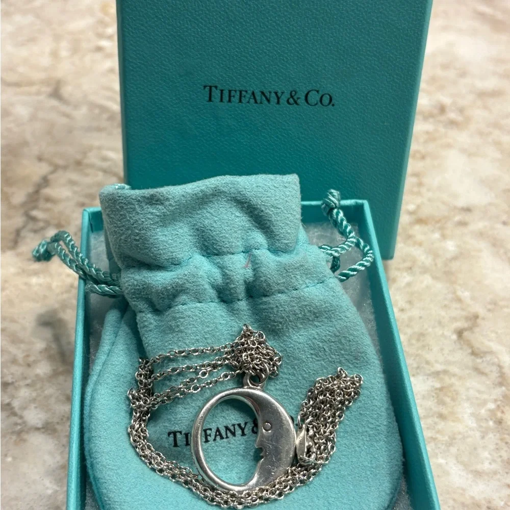 Tiffany & Co. Vintage Silver Crescent Face Moon Pendant Necklace - Picture 1 of 3
